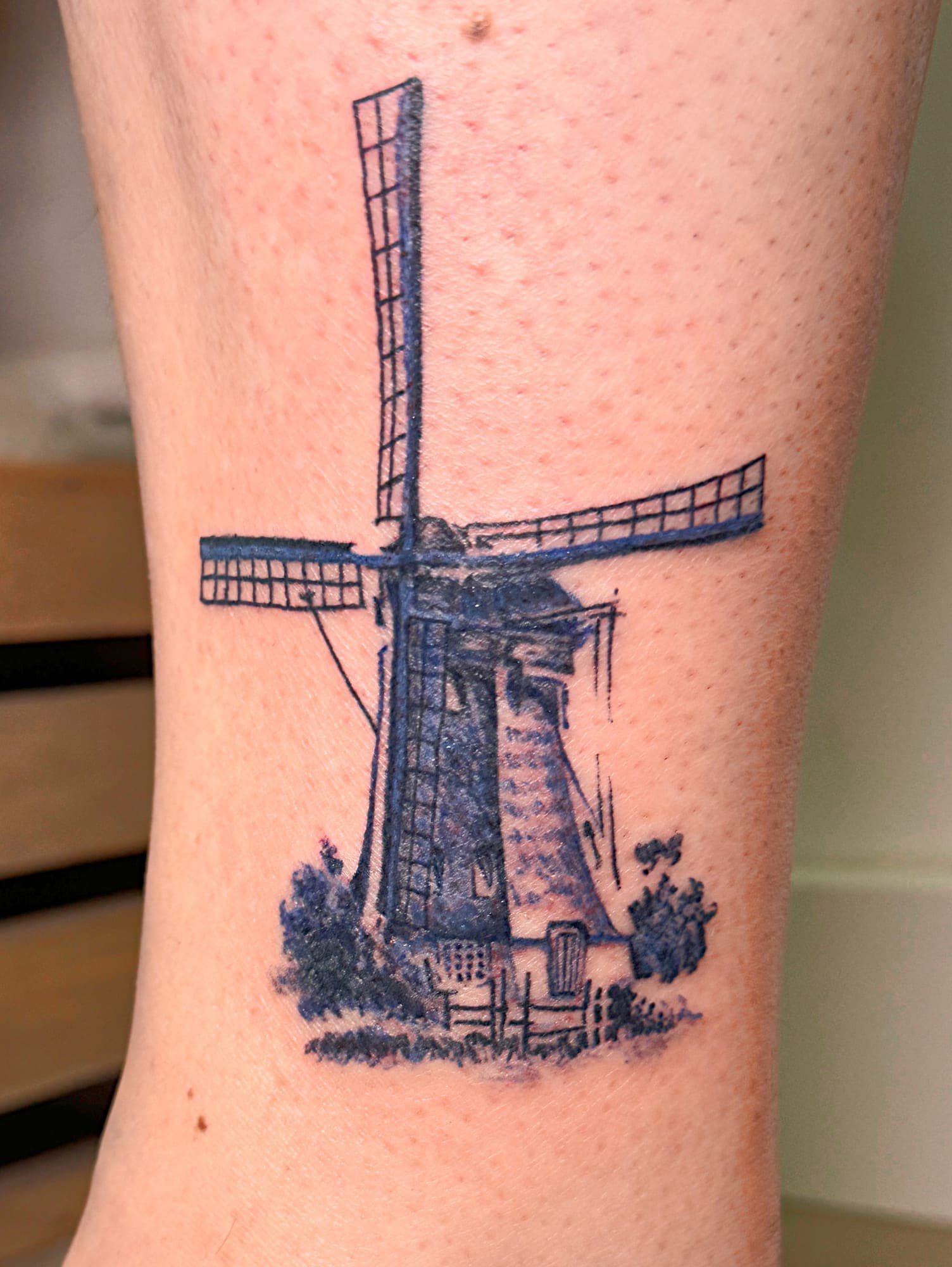Delft Blue realism tattoo, dutch windmill