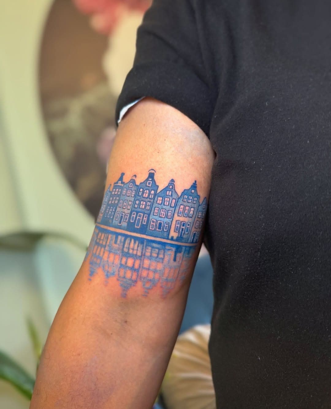 Delft Blue tattoo, dutch canal houses