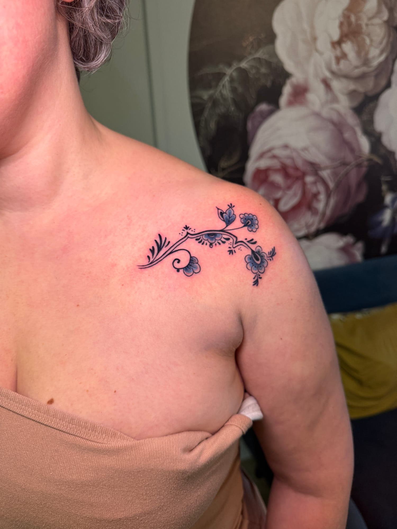 Delft Blue tattoo, floral shoulder