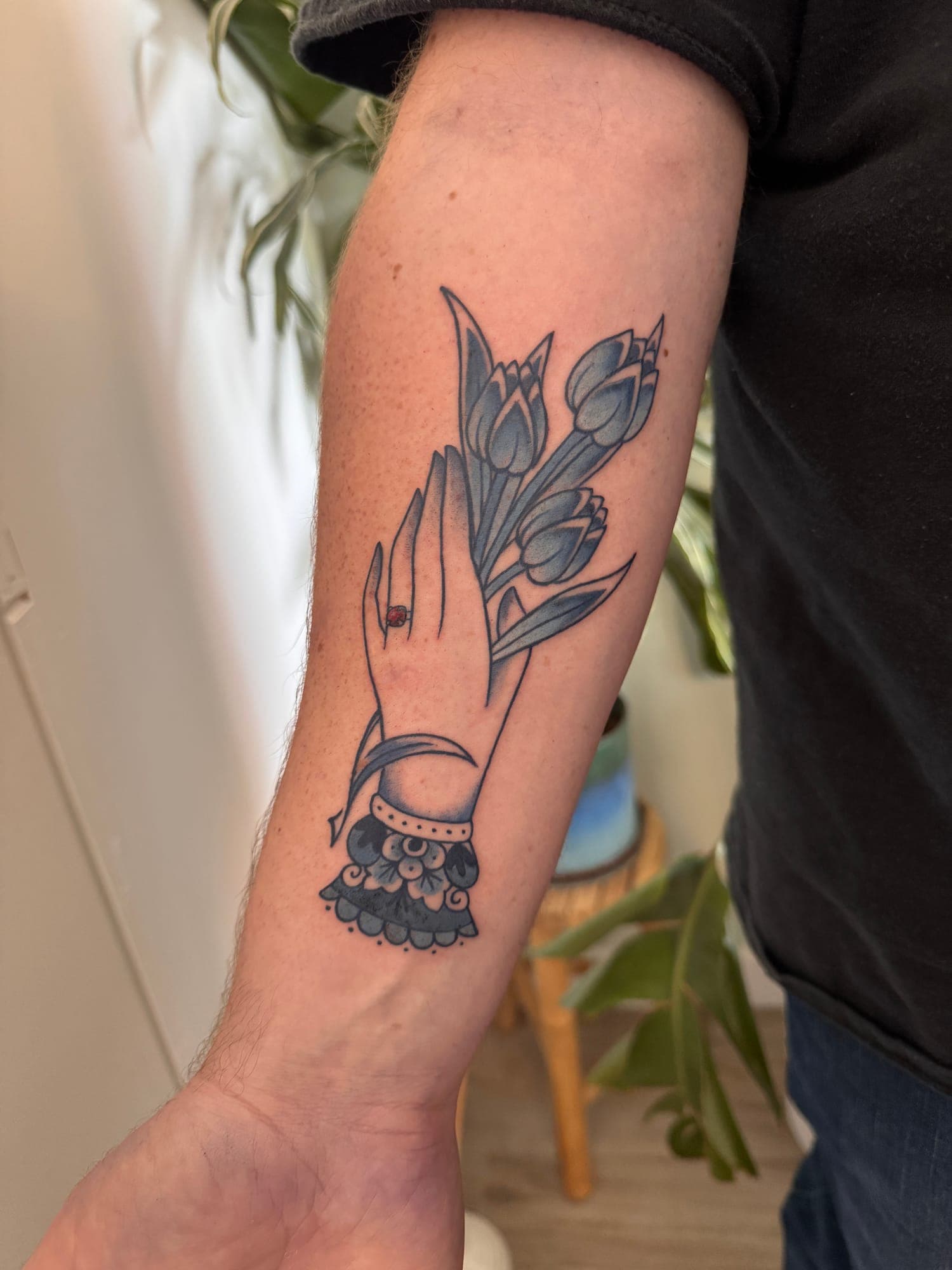Delft Blue tattoo, floral vase forearm