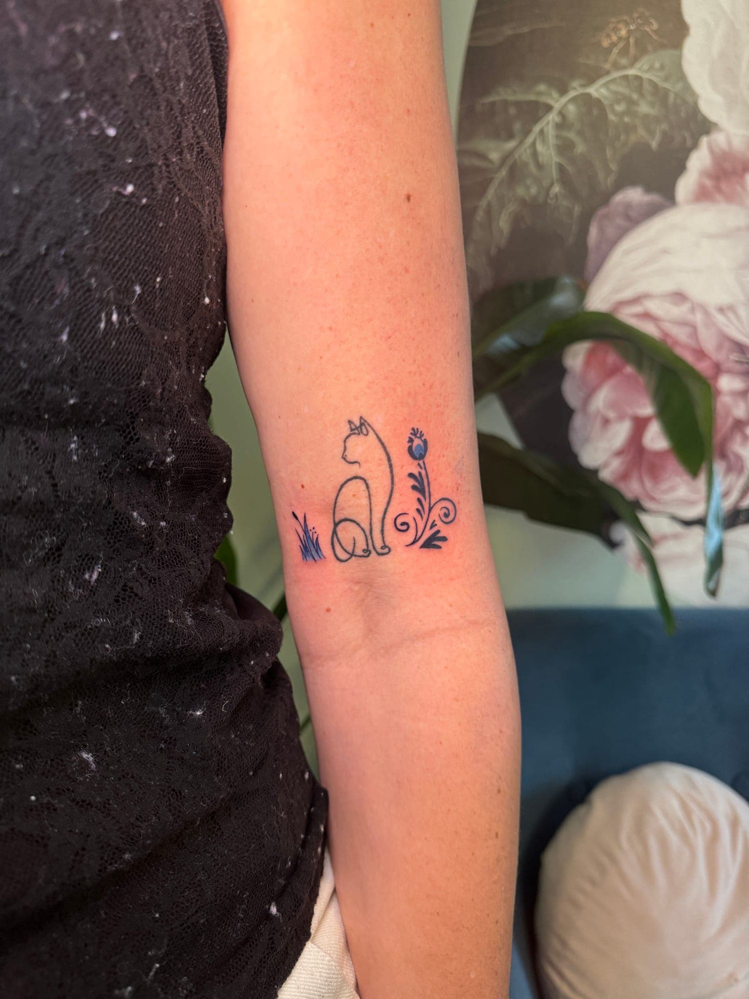 Delft Blue tattoo, small floral forearm