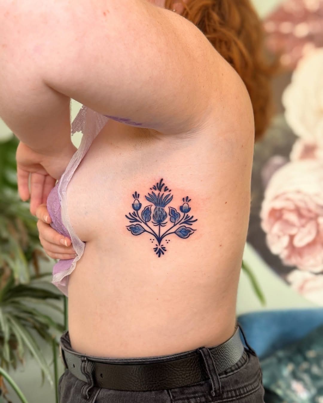 Delft Blue tattoo, small floral side