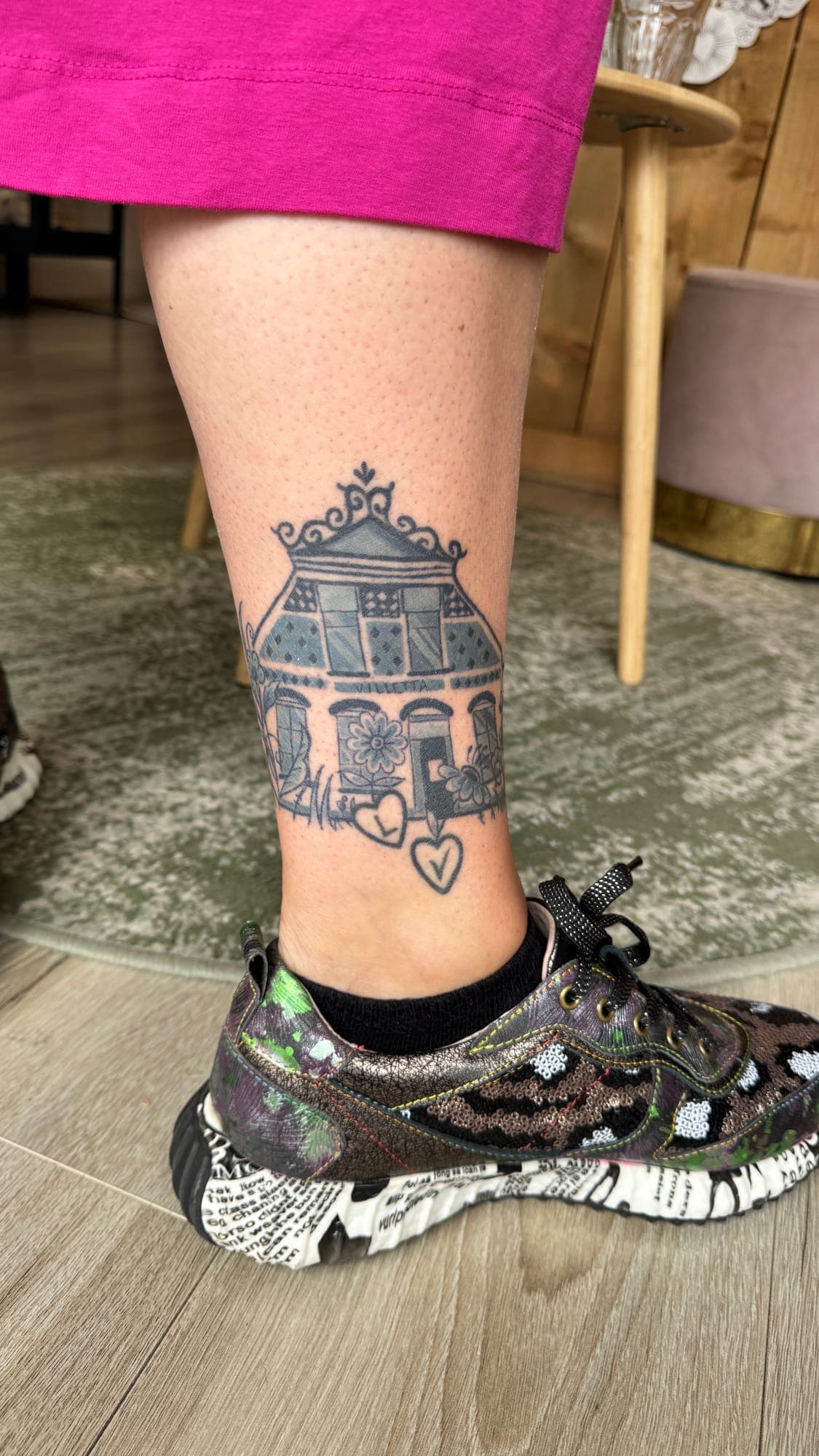 Healed Delft Blue tattoo, dutch house ankle