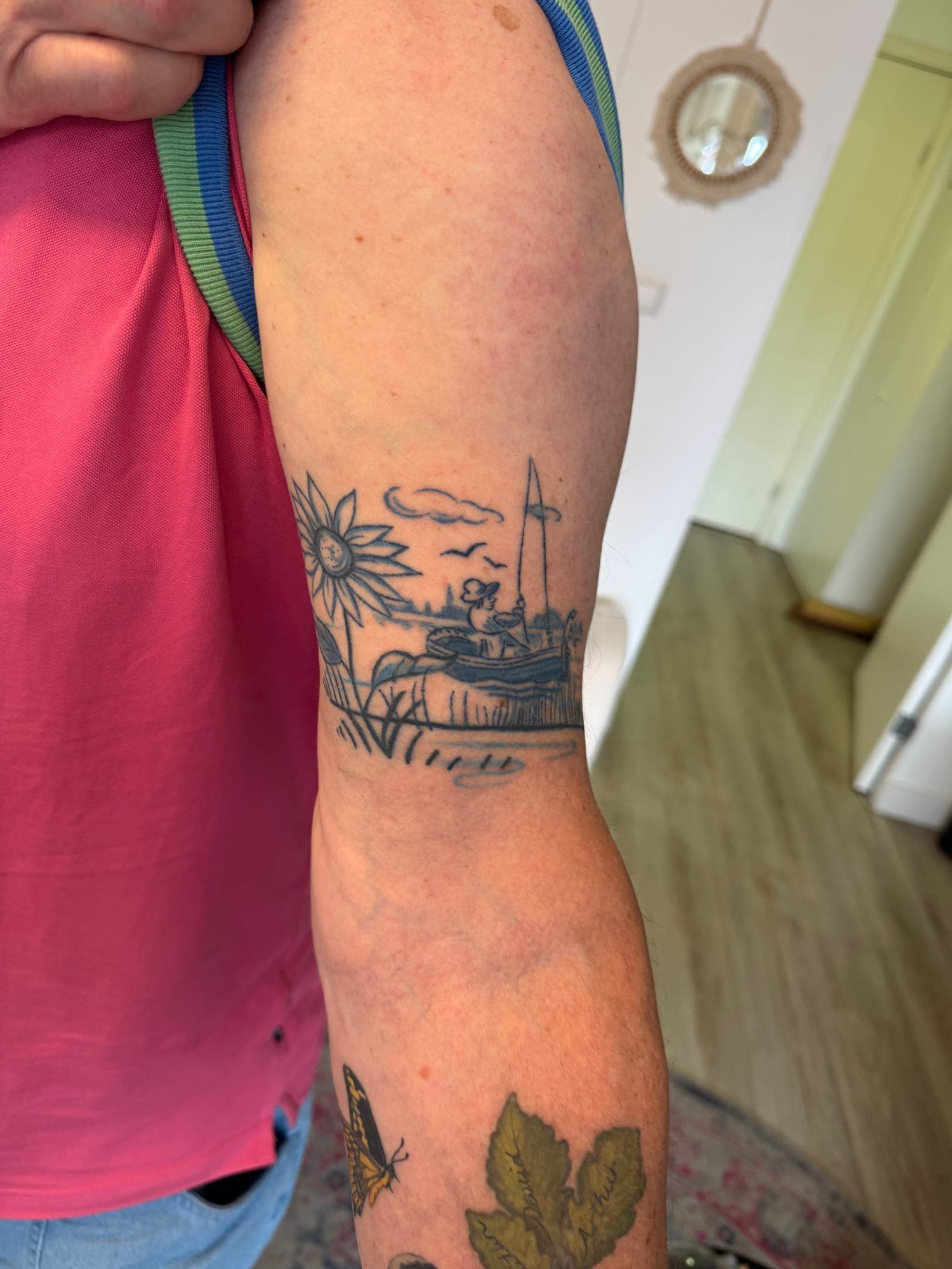 Healed Delft Blue tattoo, dutch landscape arm