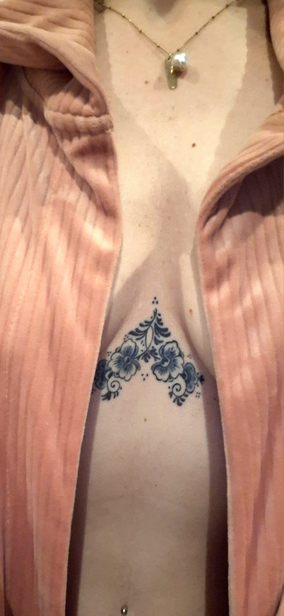 Healed Delft Blue tattoo, ornamental chest